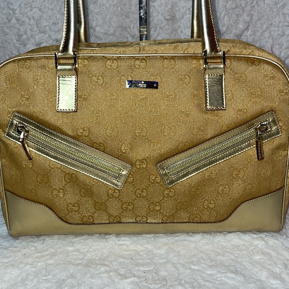 Gucci GG Guccissima Gold Metallic Leather & Canvas Vintage Shoulder Bag Purse - Picture 3 of 17